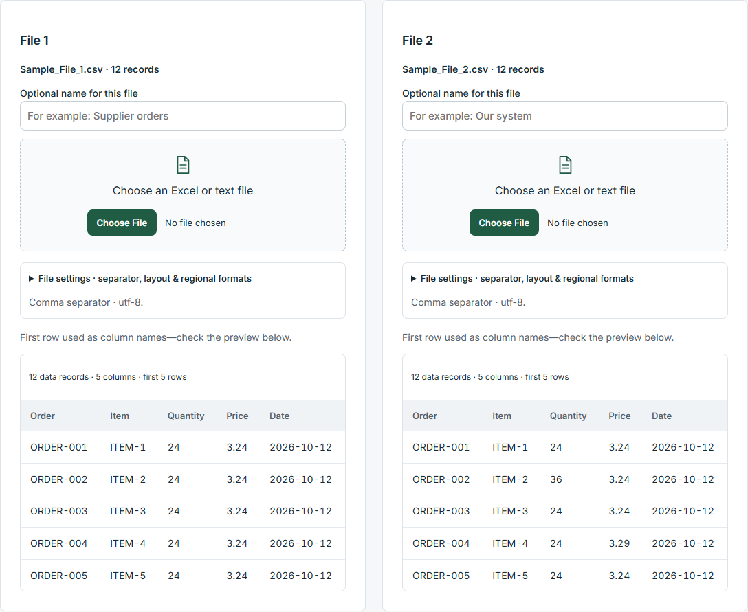 DataParity local file selection and preview screen
