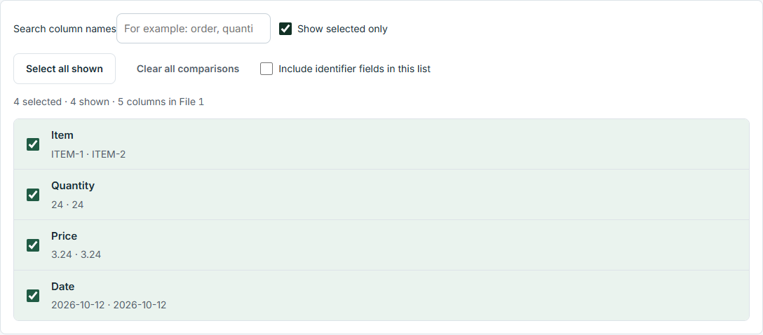 DataParity comparison field selection screen